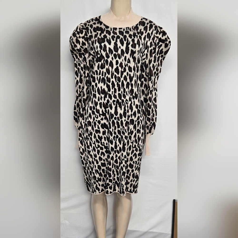 Just Taylor XL Dress Knit Pleated Shoulder Puff Mock Neck Leopard Print